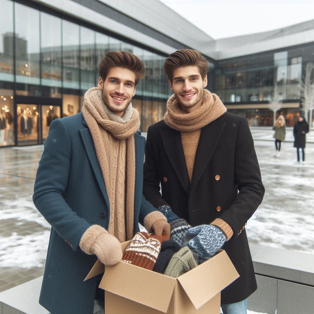Jovem casal doando roupas na caixa de doação da Campanha do Agasalho no Shopping Pátio Higienópolis